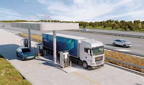 Fast DC EV charging hub on highway for long-distance electric vehicle travel and rapid charging